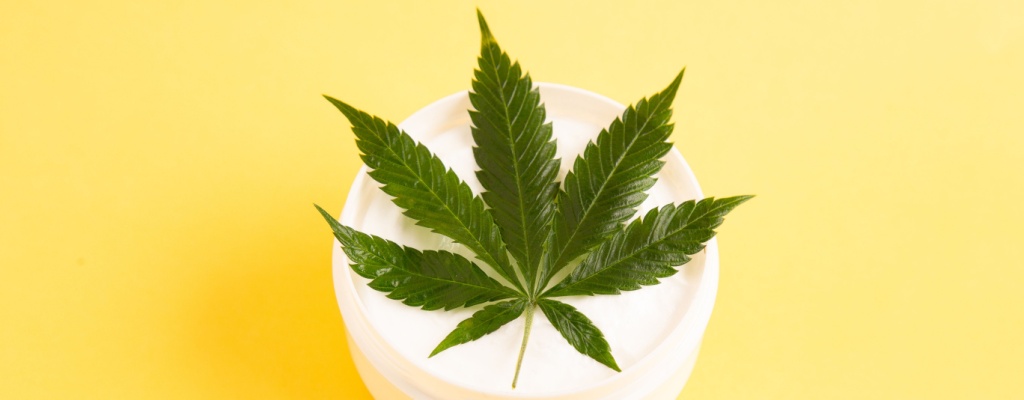 A hemp leaf sits on top of a jar of CBD topical cream.